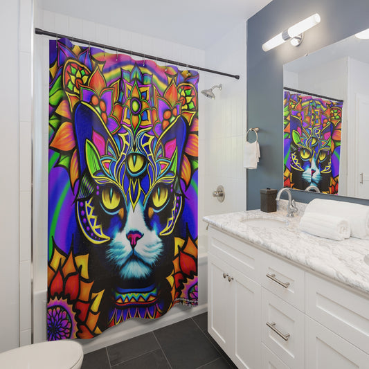 Vibrant Cat Mandala Shower Curtains | Colorful Bathroom Decor, Boho Style, Cat Lover Gift, Unique Home Accents, Artistic Home Decor