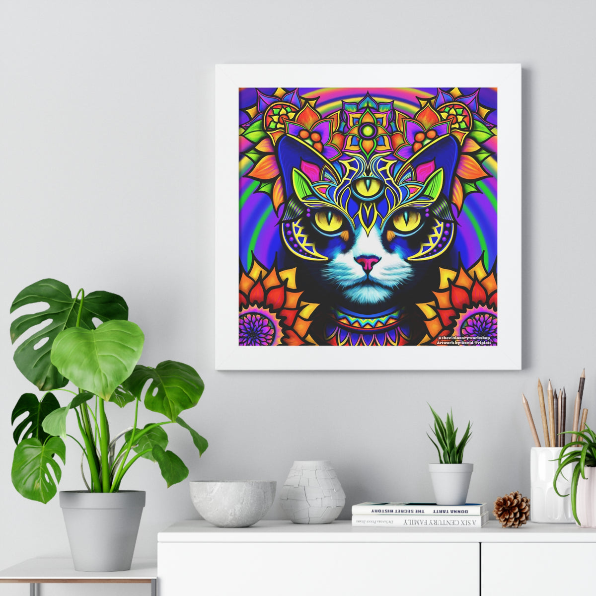 Colorful Cat Framed Vertical Poster, Bohemian Wall Art, Cat Lover Gift, Home Decor, Unique Cat Prints, Vibrant Animal Art