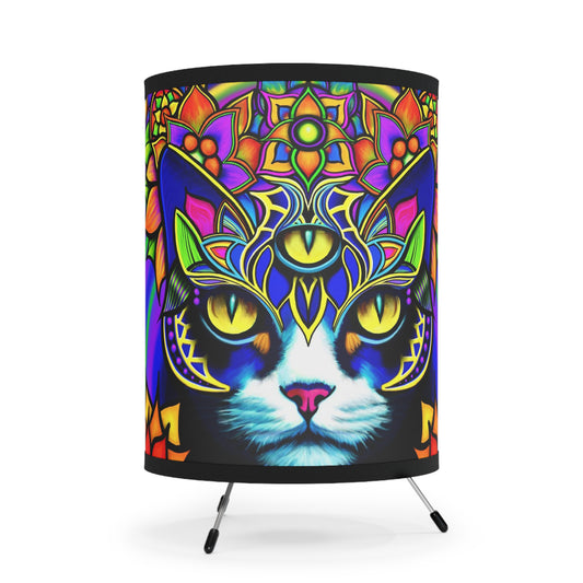 Colorful Tripod Lamp with Psychedelic Shade, Home Decor, Unique Lighting, Cat Lovers Gift, Boho Style, Artful Room Accessory