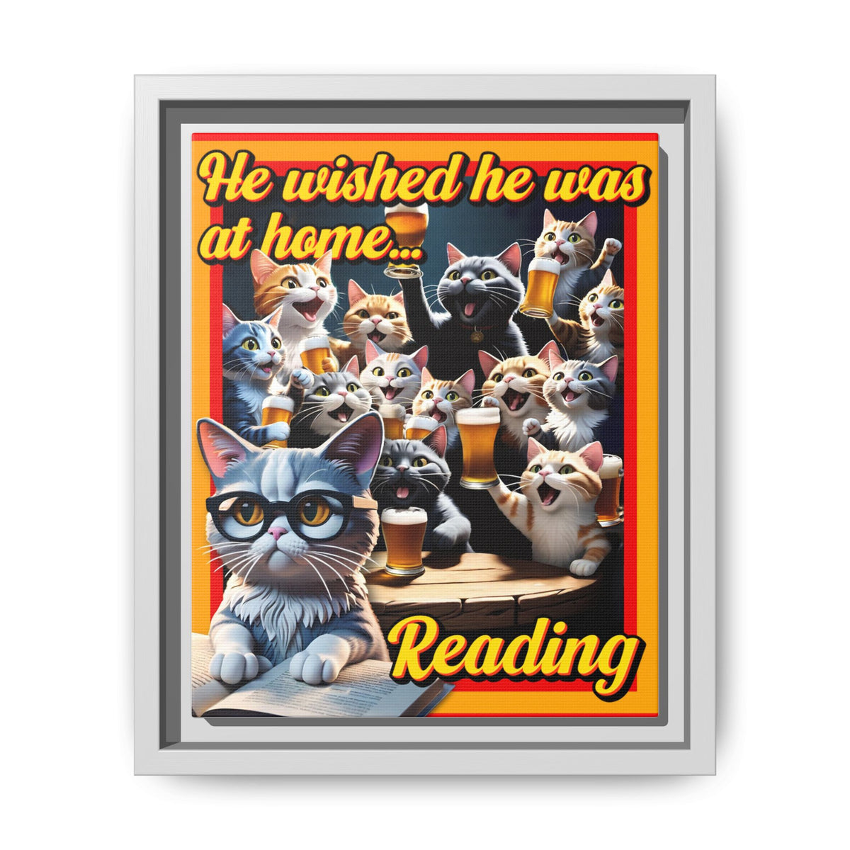 Cat-Themed Framed Canvas Art Print | Perfect Gift for Cat Lovers, Home Decor, Reading Nook, Cat Lover Gift, Fun Wall Art