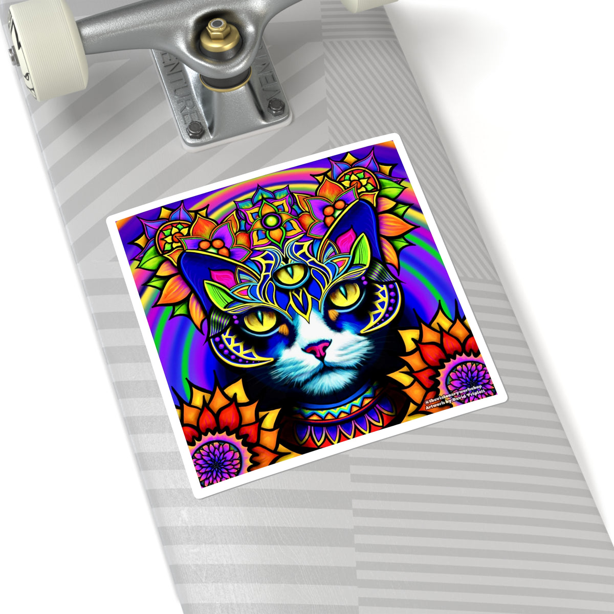 Psychedelic Cat Art Stickers, Colorful Square Stickers for Cat Lovers, Laptop Decal, Unique Gift for Pet Owners, Fun Party Favors