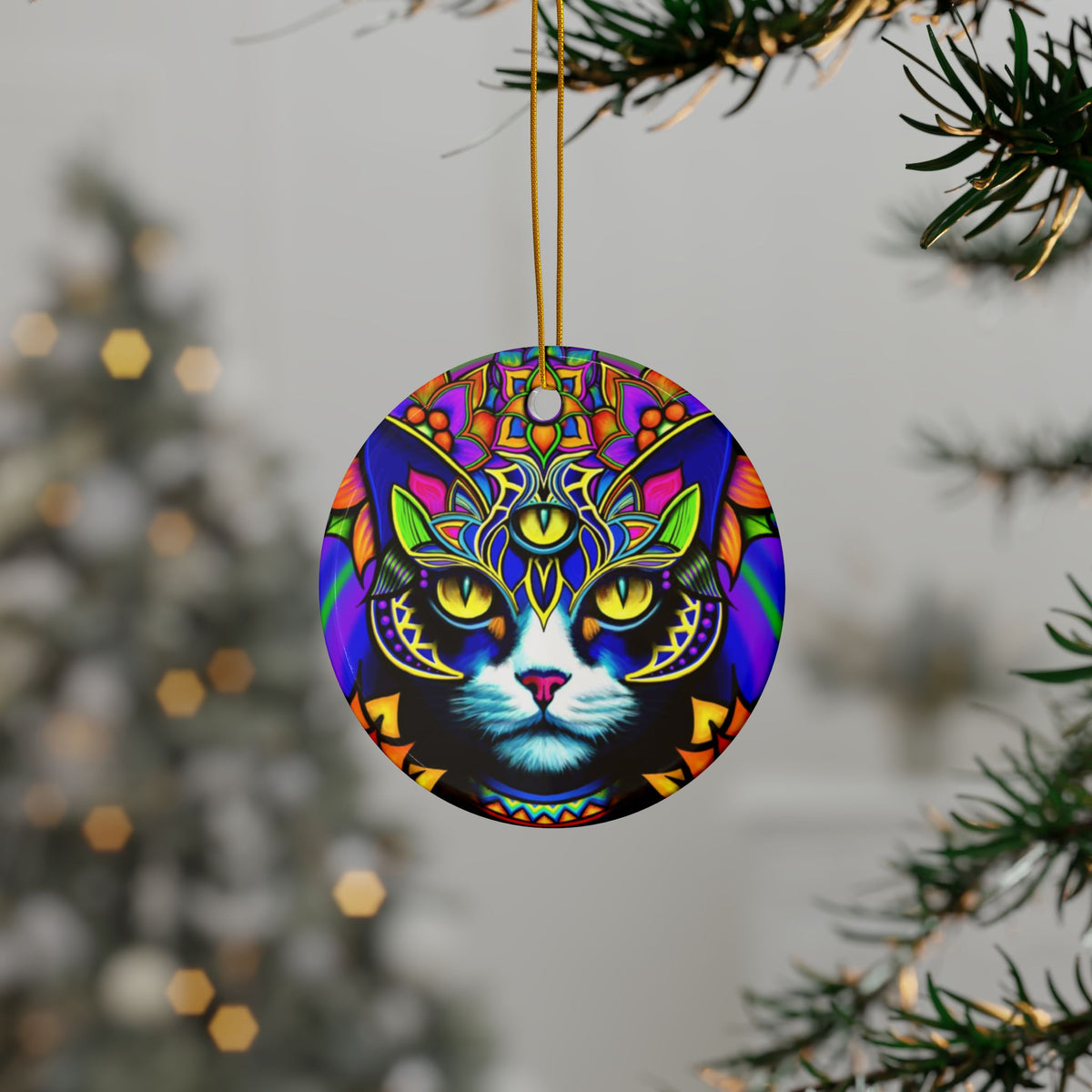Psychedelic Cat Ceramic Ornaments, Vibrant Holiday Decor, 2-Side Print, Perfect for Christmas, Pet Lovers, Gift Ideas, Home Decor