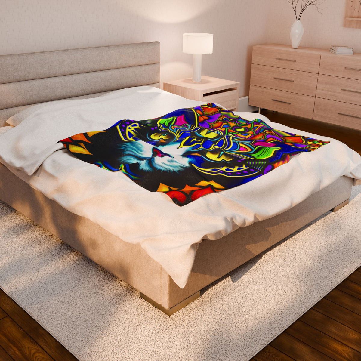 Psychedelic Cat Plush Blanket, Cozy Cat Throw, Colorful Home Decor, Cat Lovers Gift, Unique Living Room Accent