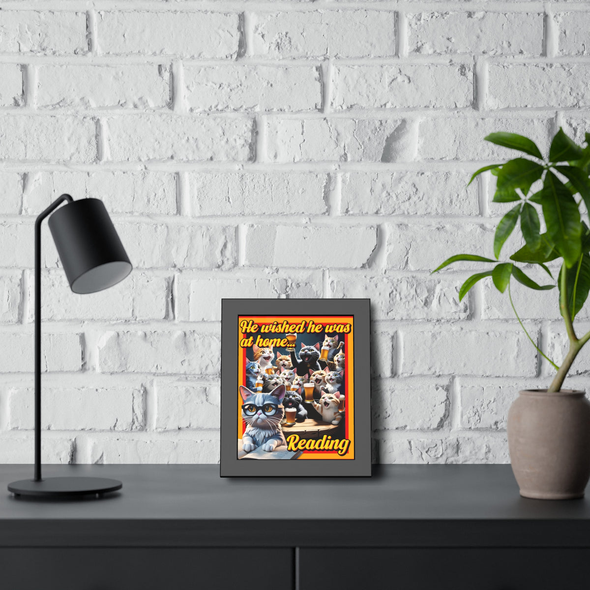 He Wished He Was At Home Reading -Themed Framed Paper Posters, Ideal for Cat Lovers, Home Decor, Reading Nook Decor, Gift for Bookworms, Cat Enthusiast Decor