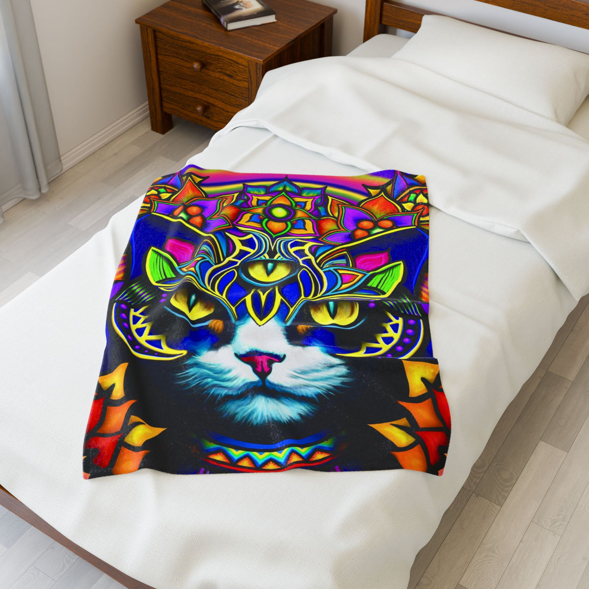 Psychedelic Cat Plush Blanket, Cozy Cat Throw, Colorful Home Decor, Cat Lovers Gift, Unique Living Room Accent