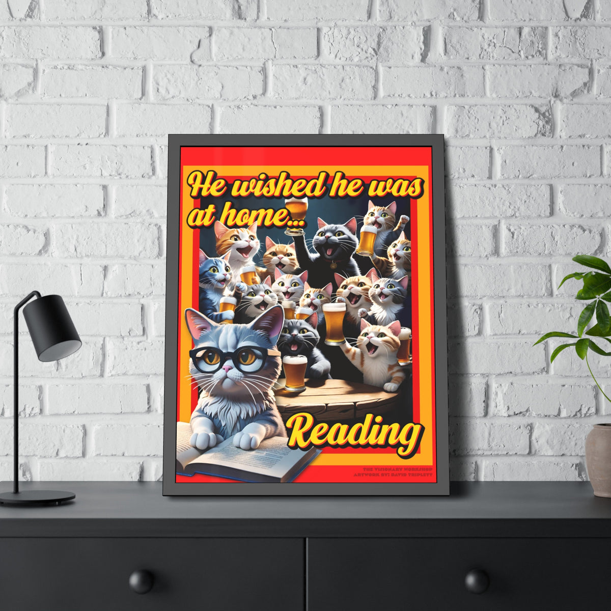 He Wished He Was At Home Reading -Themed Framed Paper Posters, Ideal for Cat Lovers, Home Decor, Reading Nook Decor, Gift for Bookworms, Cat Enthusiast Decor