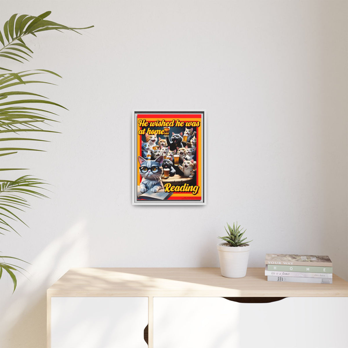 Cat-Themed Framed Canvas Art Print | Perfect Gift for Cat Lovers, Home Decor, Reading Nook, Cat Lover Gift, Fun Wall Art