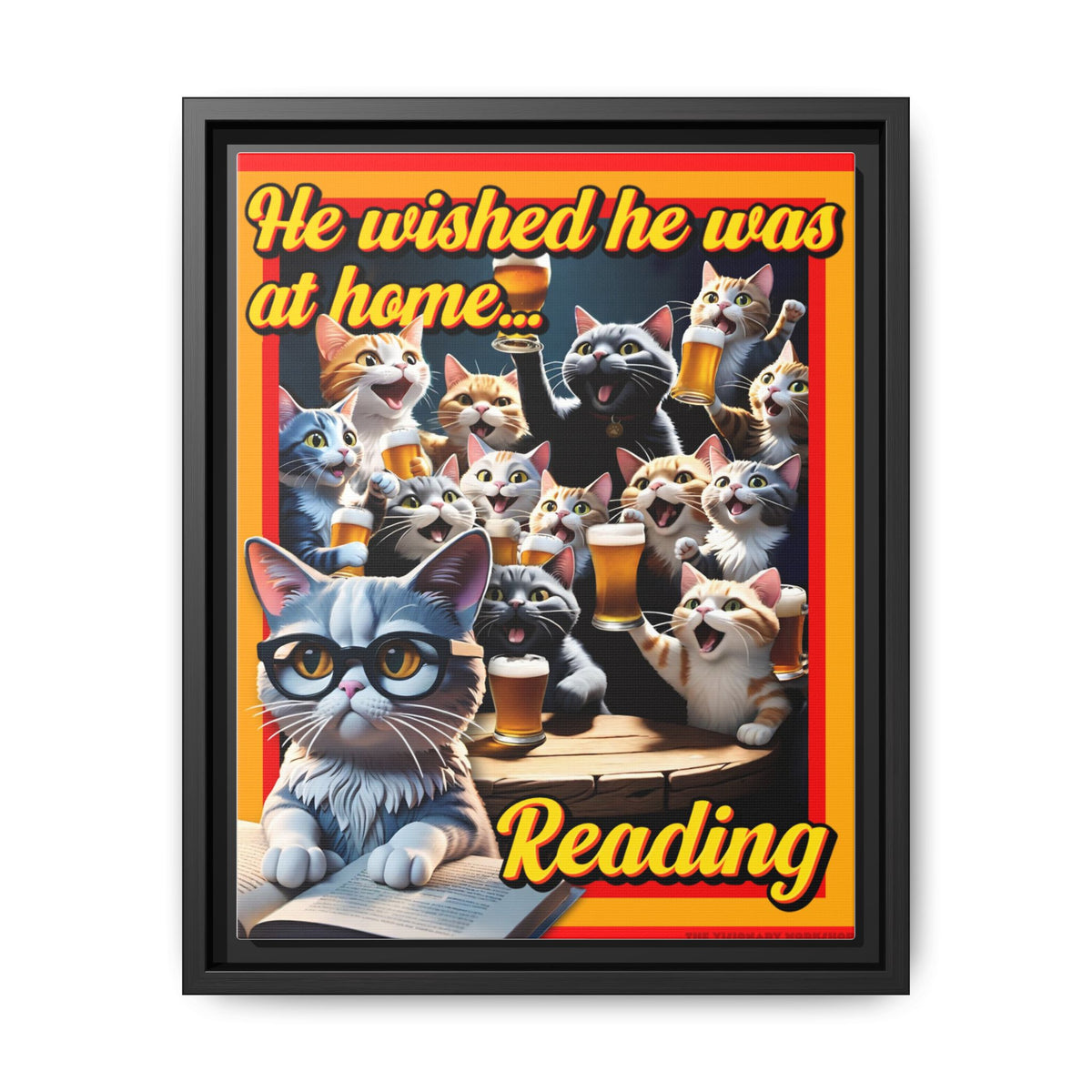 Cat-Themed Framed Canvas Art Print | Perfect Gift for Cat Lovers, Home Decor, Reading Nook, Cat Lover Gift, Fun Wall Art