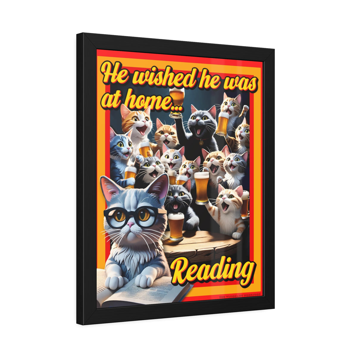 He Wished He Was At Home Reading -Themed Framed Paper Posters, Ideal for Cat Lovers, Home Decor, Reading Nook Decor, Gift for Bookworms, Cat Enthusiast Decor