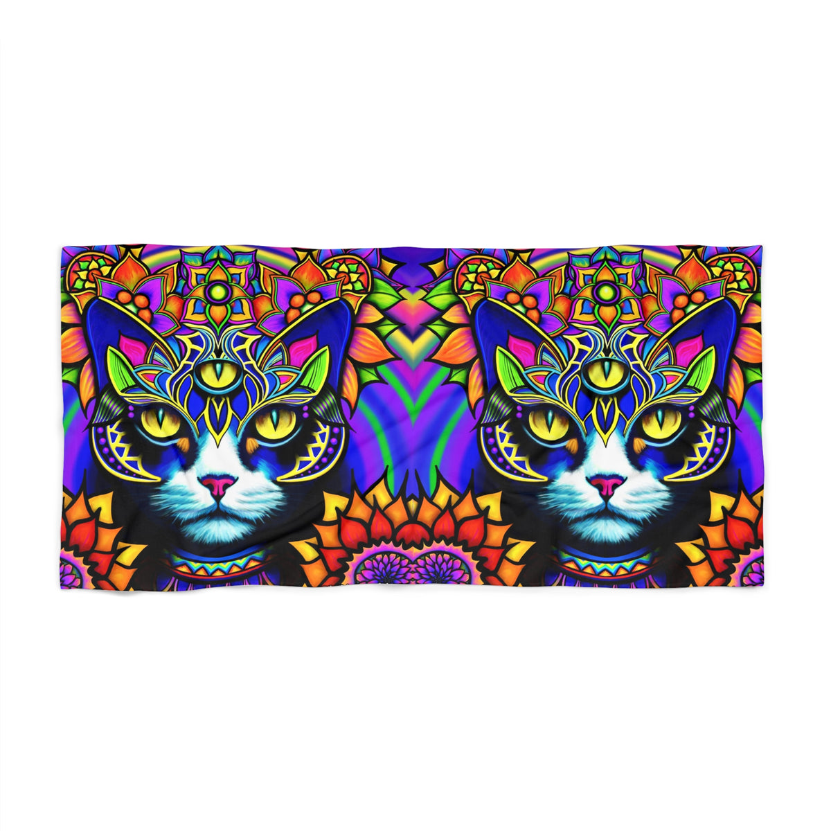 Vibrant Cat Beach Towel, Colorful Cat Towel, Bohemian Beach Blanket, Perfect for Summer, Festival Essential, Gift for Cat Lovers