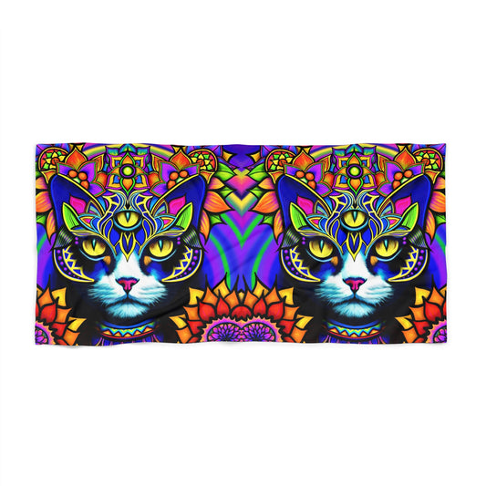 Vibrant Cat Beach Towel, Colorful Cat Towel, Bohemian Beach Blanket, Perfect for Summer, Festival Essential, Gift for Cat Lovers