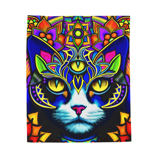 Psychedelic Cat Plush Blanket, Cozy Cat Throw, Colorful Home Decor, Cat Lovers Gift, Unique Living Room Accent