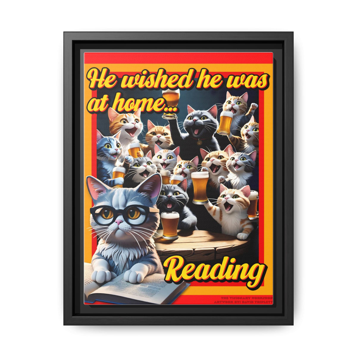 Cat-Themed Framed Canvas Art Print | Perfect Gift for Cat Lovers, Home Decor, Reading Nook, Cat Lover Gift, Fun Wall Art