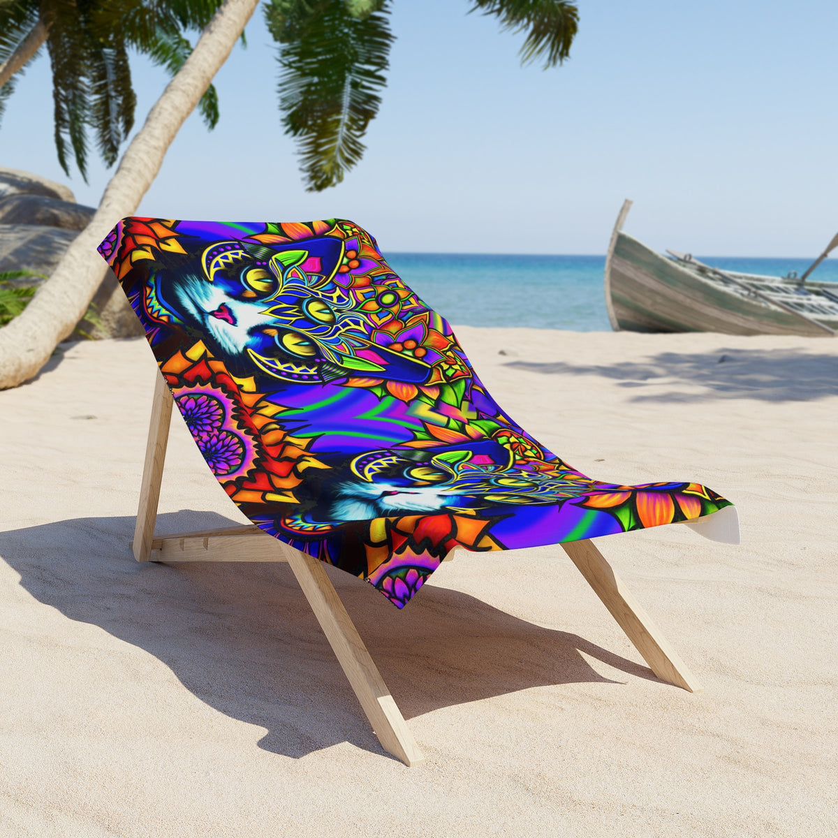 Vibrant Cat Beach Towel, Colorful Cat Towel, Bohemian Beach Blanket, Perfect for Summer, Festival Essential, Gift for Cat Lovers