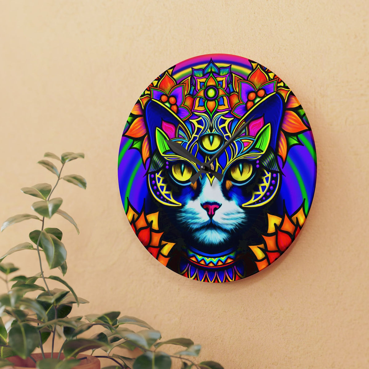 Psychedelic Cat Wall Clock, Bohemian Home Decor, Unique Cat Lover Gift, Psychedelic Clock, Vibrant Clock for Living Room