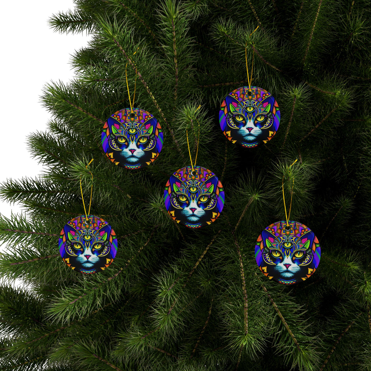 Psychedelic Cat Ceramic Ornaments, Vibrant Holiday Decor, 2-Side Print, Perfect for Christmas, Pet Lovers, Gift Ideas, Home Decor