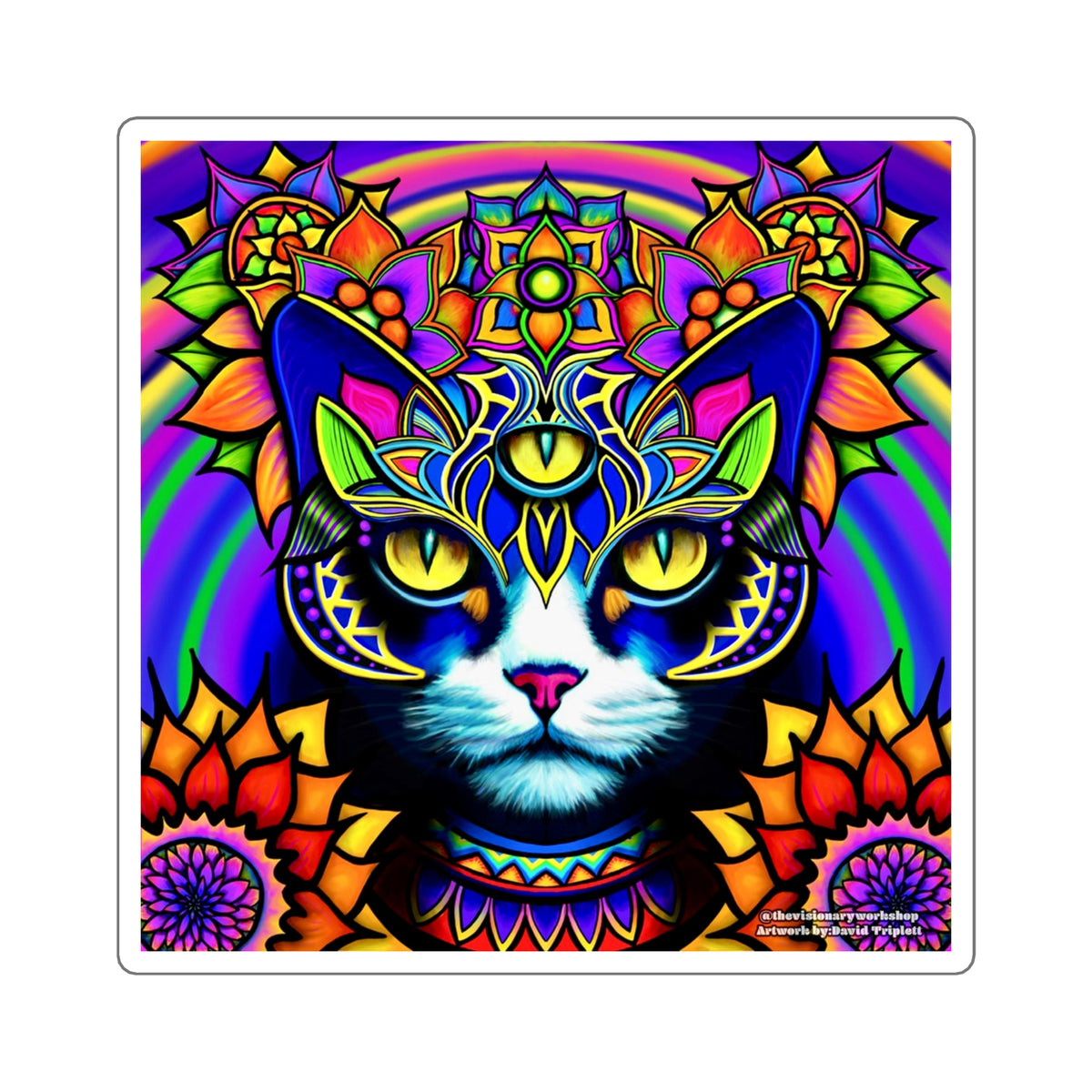 Psychedelic Cat Art Stickers, Colorful Square Stickers for Cat Lovers, Laptop Decal, Unique Gift for Pet Owners, Fun Party Favors