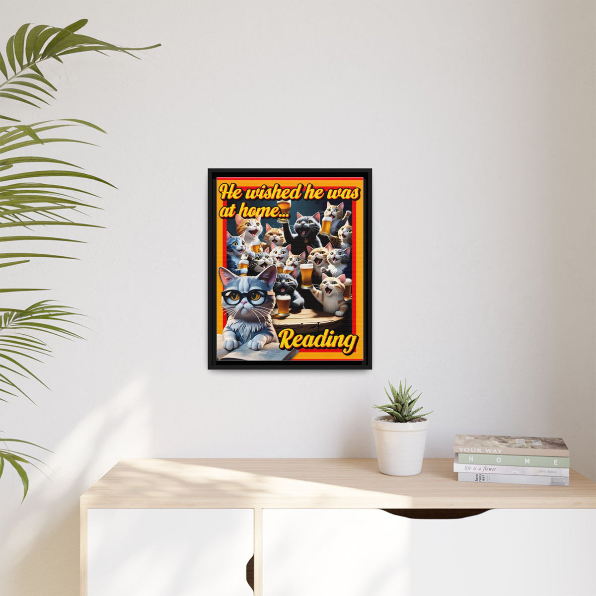 Cat-Themed Framed Canvas Art Print | Perfect Gift for Cat Lovers, Home Decor, Reading Nook, Cat Lover Gift, Fun Wall Art